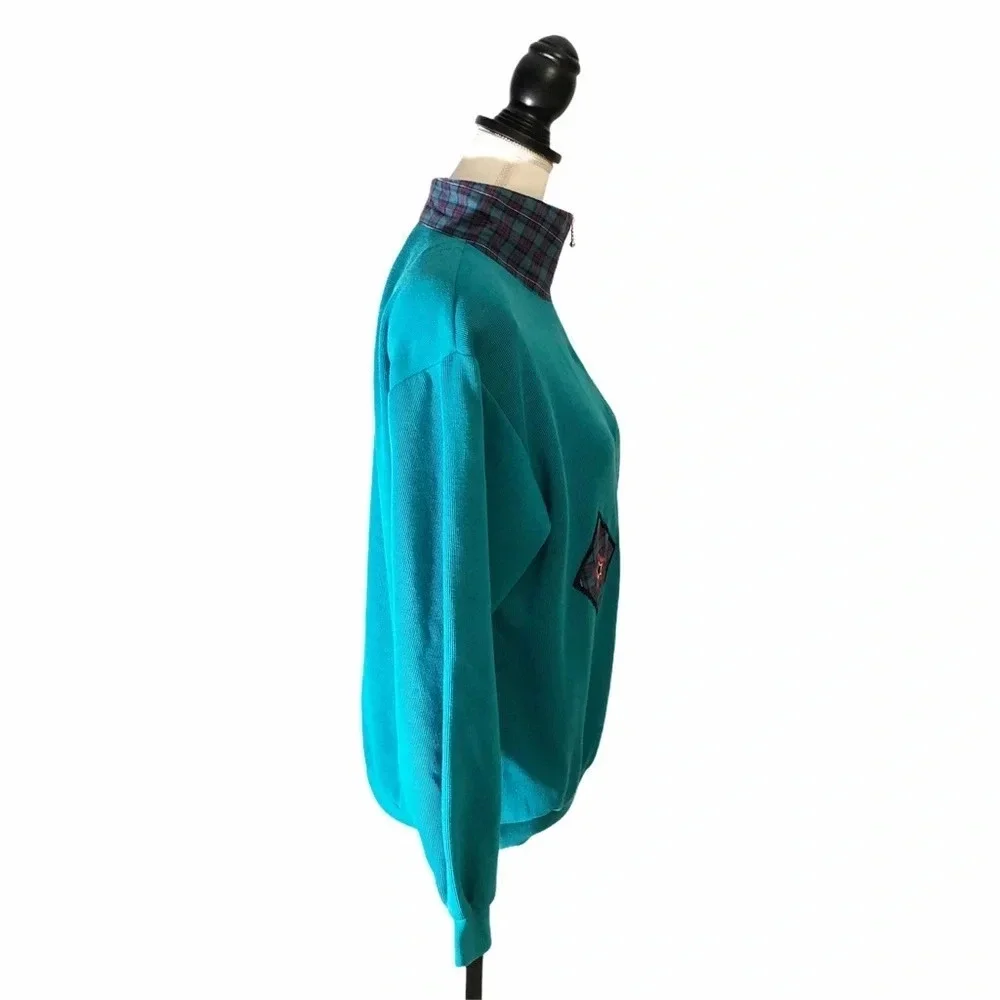 KORET SPORT Vintage Turquoise Pullover Funnel Neck Zip Plaid Patchwork Sweater